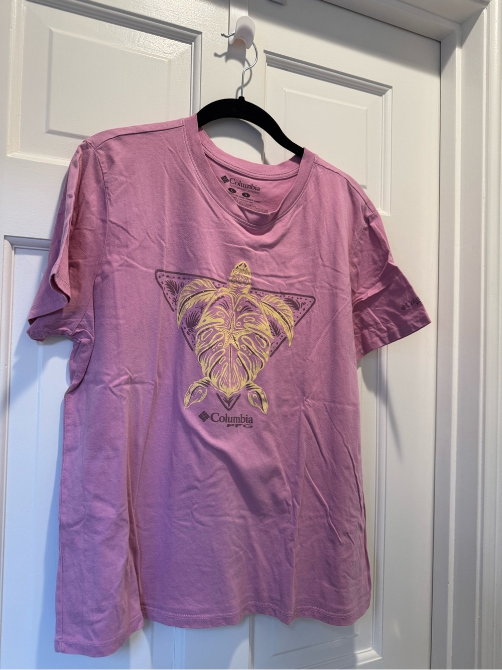 Columbia Pink Short Sleeve Tee with Yellow Turtle Graphic